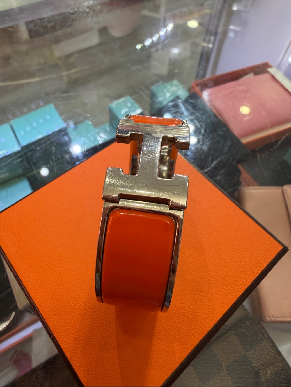 Hermes Orange Enamel H Cuff Bracelet with Palladium Hardware